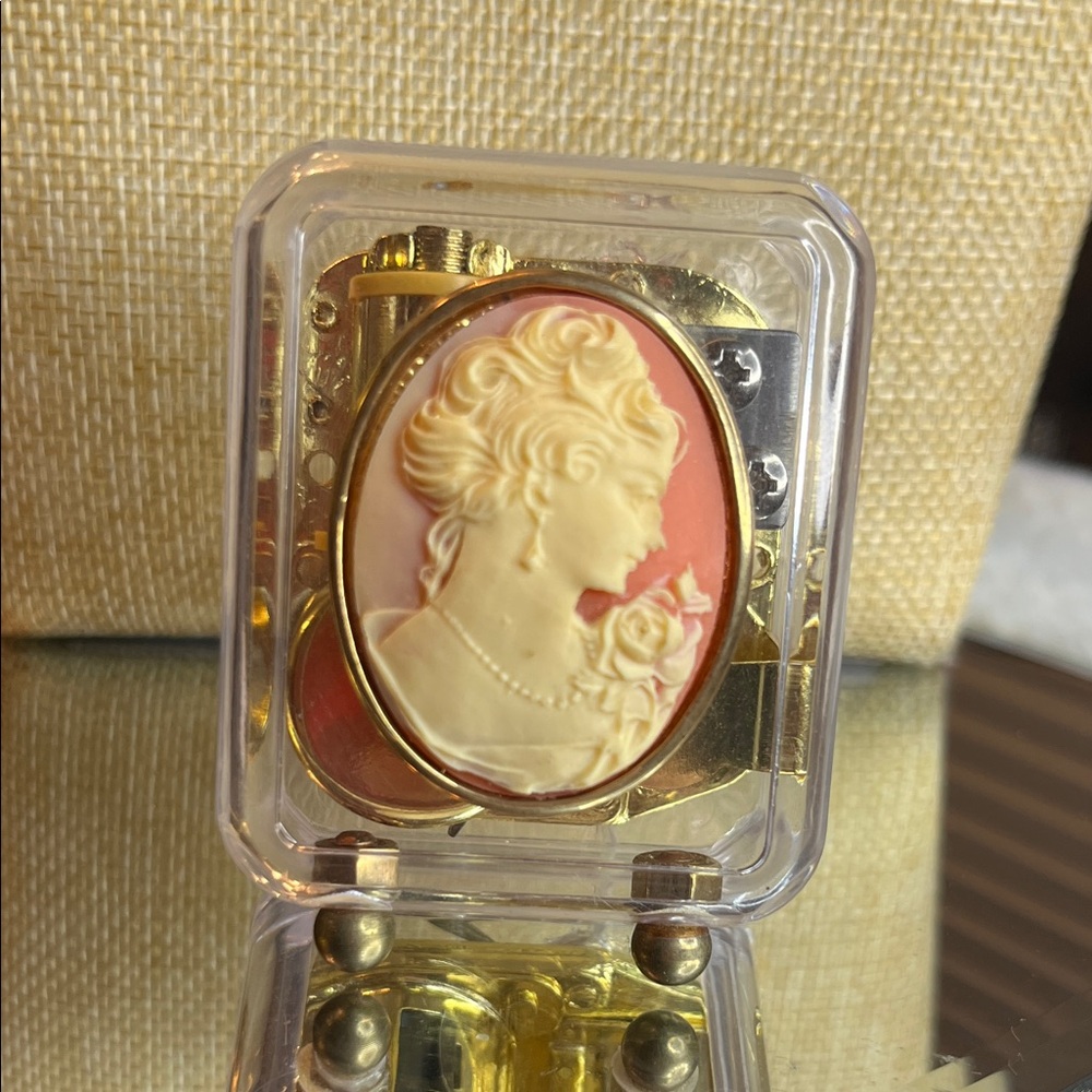 Vintage Cameo Brooch set in a clear acrylic case music box